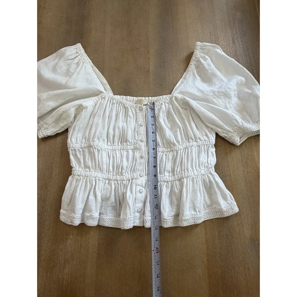 Ulla Johnson Smocked Short Sleeve White Linen Peplum Top Size 14